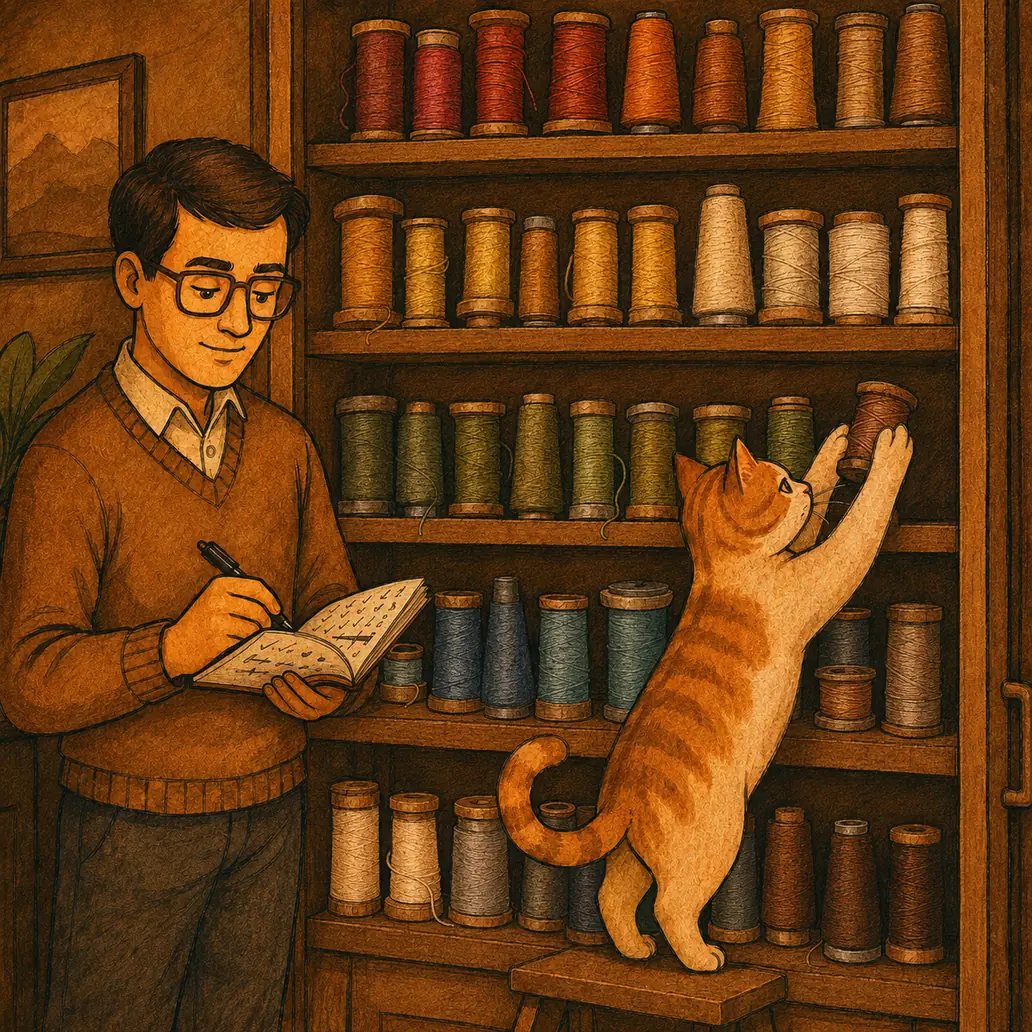 A cat on a stepladder puts a spool onto the shelf while the person keeps writing