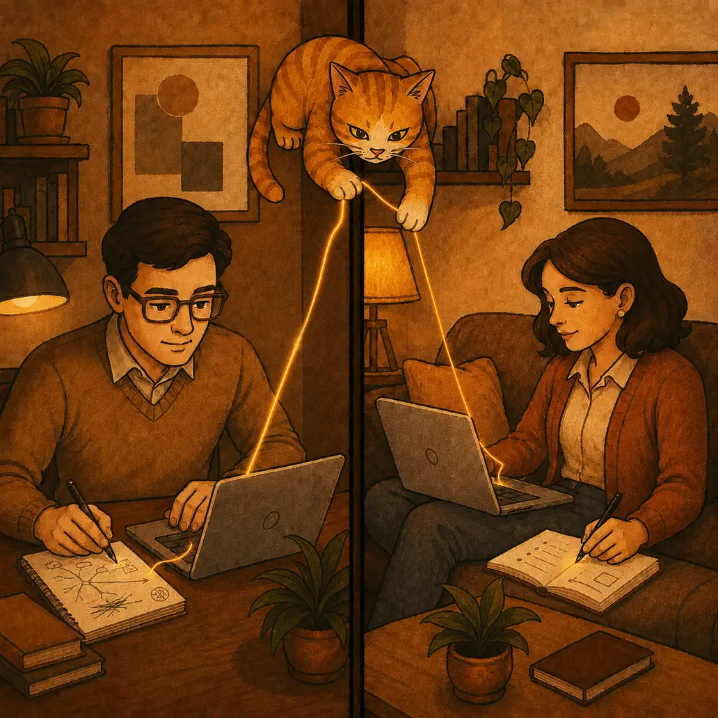 Two people working apart, with a cat joining their desks by one glowing thread