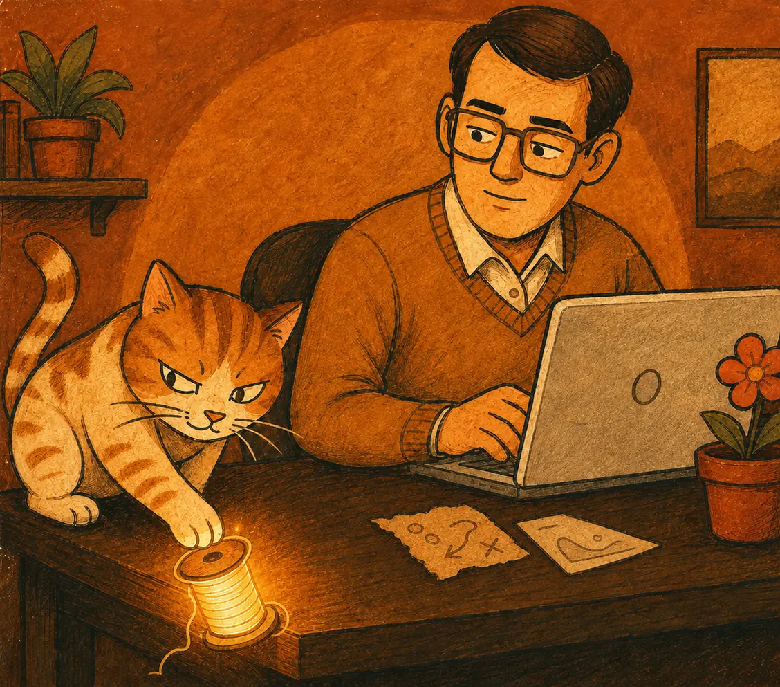 A person works at a laptop while a sly cat is about to push a glowing spool off the table