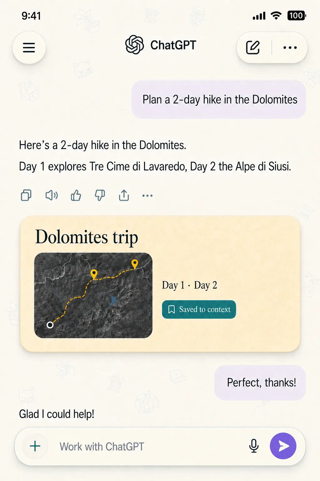 Planning a two-day Dolomites hike in ChatGPT, then saving it to a context