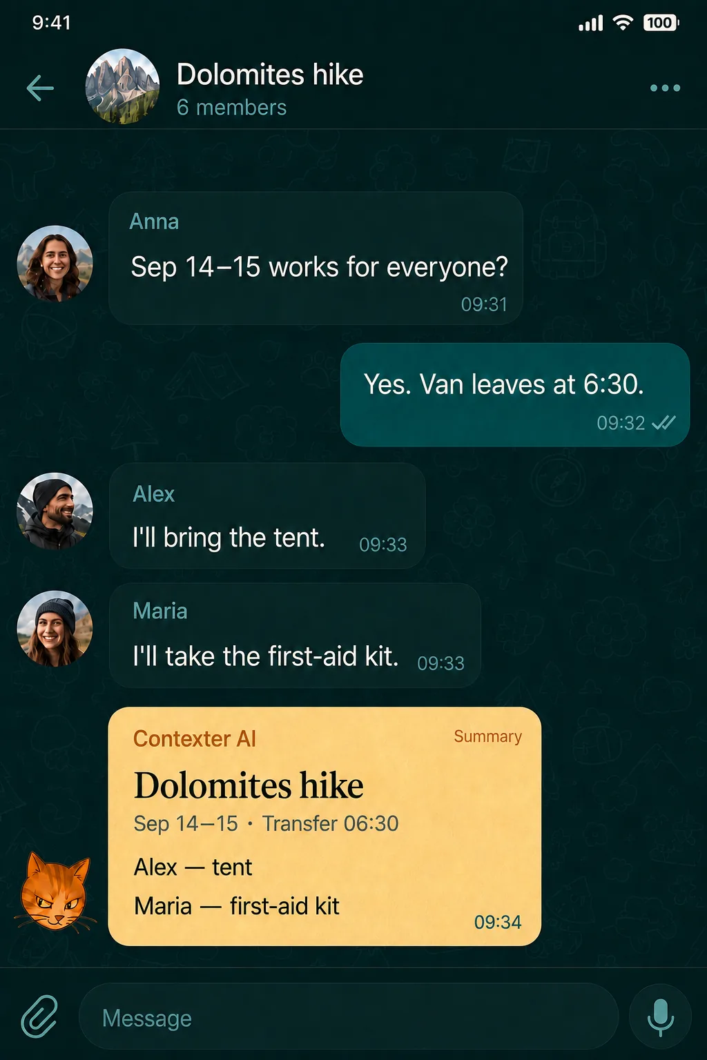 A shared Telegram group with people and the Contexter bot discussing the trip